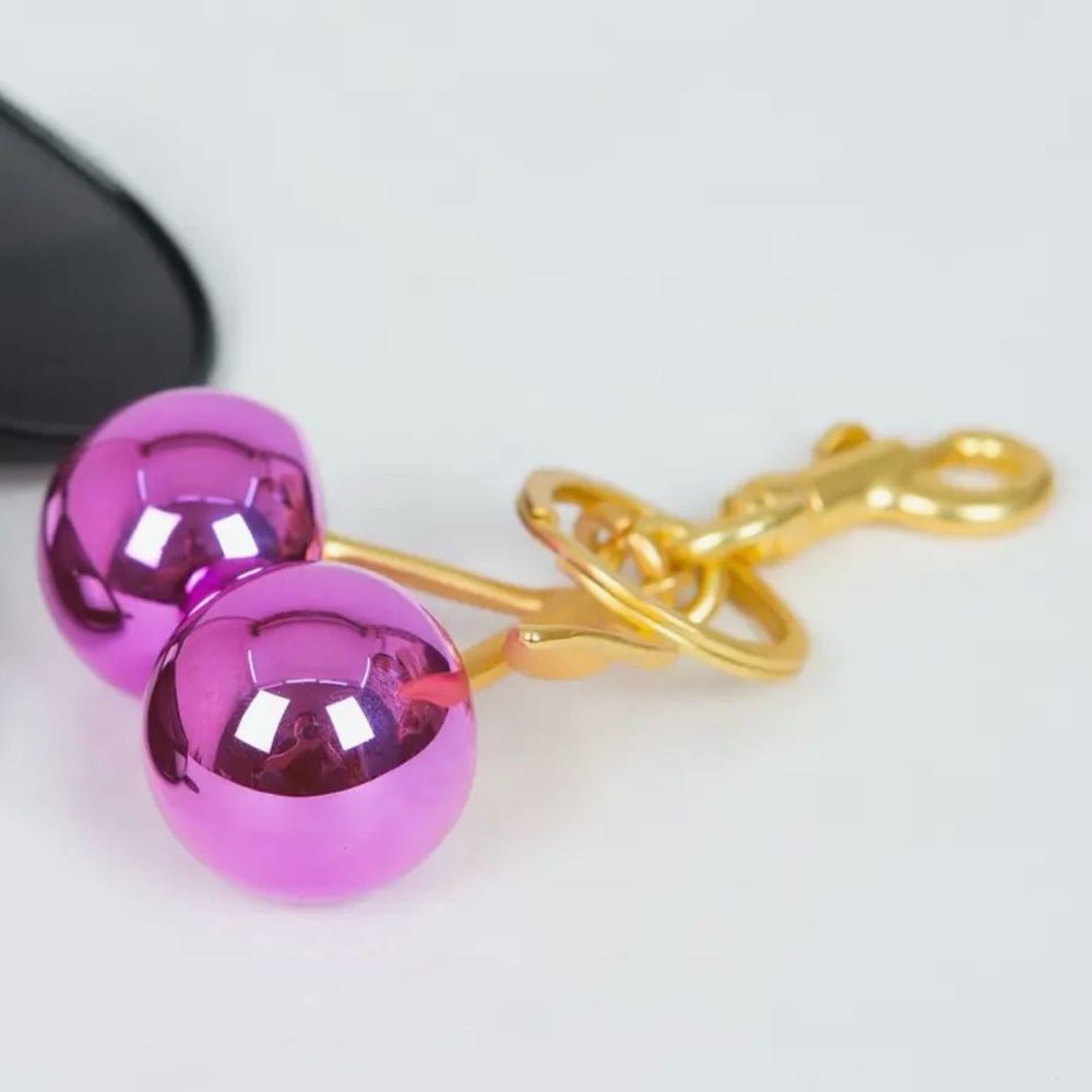 Fuchsia Pink Metallic Cherry Bag Charm Keychain | Gold tone Hardware NWT - Picture 3 of 3